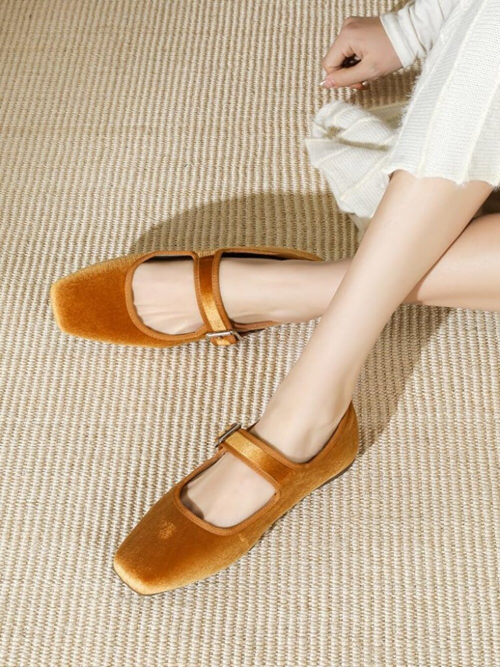 Women's Orange Brown Square Toe Ballet Flats Mary Jane Adjustable Strap Shoes - Picture 2 of 6